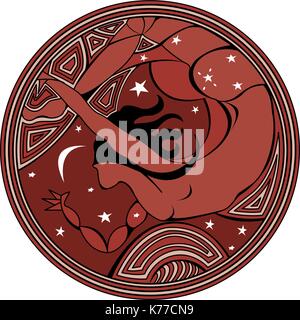 Kreisförmiges logo mit Silhouette einer Frau in der Nacht in roter Farbe flying-Vektor Bild Stock Vektor