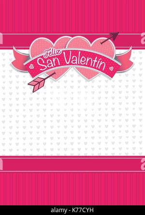 Die Abdeckung mit der Meldung: Happy Valentines Day in spanischer Sprache - auf zwei Herzen zusammen mit red ribbon auf weißem Hintergrund umgeben Stock Vektor