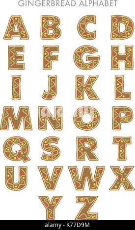 Lebkuchen-Cookie-Alphabet mit Weihnachtsdekoration auf weißem Hintergrund - Vektorbild Stock Vektor