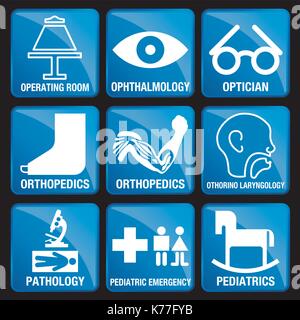 Satz von medizinischen Symbolen in blauem quadratischen Hintergrund - OPERATIONSSAAL, AUGENHEILKUNDE, AUGENARZT, ORTHOPÄDIE, HNO-Heilkunde, PATHOLOGIE, PÄDIATRISCHE NOTFALL Stock Vektor