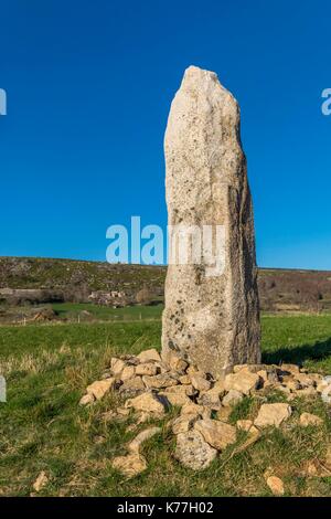 Frankreich, Lozère, Les Causses et les Cevennes, kulturelle Landschaft der Mediterranen agro Weidewirtschaft, UNESCO Weltkulturerbe, Nationalpark der Cevennen, als Reserven aufgeführt von der UNESCO zum Biosphärenreservat, Berg Lozère, Cham de Bondons, kalkhaltigen Fach im Süden des Berges Lozère streuten Mit 154 Menhire, die Website stellt die zweite Konzentration der megalithischen Denkmäler in Europa, Menhir von Vaissiere Stockfoto