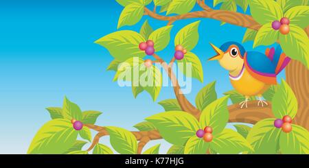 Einfarbig bunte Vogel singen auf dem Zweig eines Baumes auf blauem Hintergrund - Vektor-Bild Stock Vektor