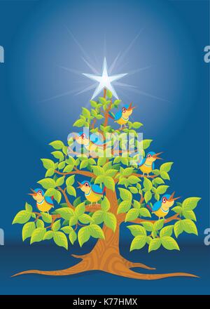 Weihnachtsbaum mit bunten Vögeln singen und weißen Stern auf blauem Hintergrund - Vektor Bild Stock Vektor