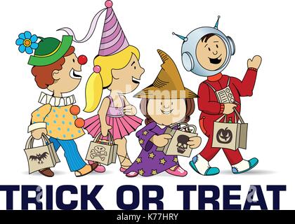 Trick oder Festlichkeit - Kinder wandern Fragen für Süßigkeiten - Halloween Hintergrund. Vektorbild Stock Vektor