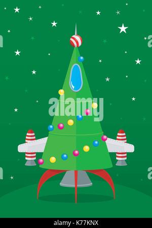 Comic Weihnachtsbaum förmigen Raumschiff mit grünem Hintergrund mit Sternen - Vektorbild Stock Vektor