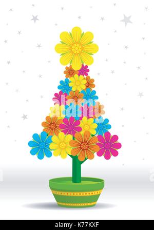 Weihnachtsbaum von Blumen verschiedener Farben in einem grünen Blumentopf auf weißem Hintergrund mit Sternen - Vektorbild Stock Vektor