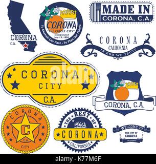 Satz generischer Stempel und Zeichen der Corona City, Kalifornien Stock Vektor