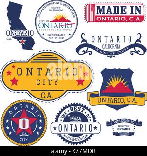 Satz generischer Stempel und Zeichen von Ontario City, Kalifornien Stock Vektor