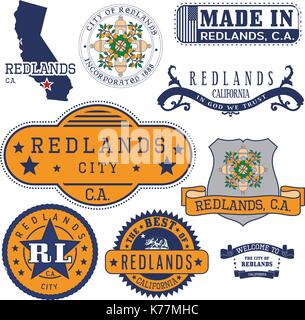 Satz generischer Stempel und Zeichen der Redlands City, Kalifornien Stock Vektor