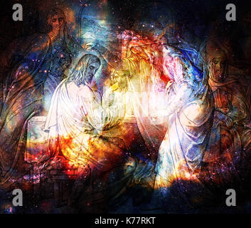 Frau in Bethanien salbt Jesus mit teuren wohlriechendem Öl, Grafik Collage von der Gravur des Nazareene Schule, in der heiligen Bibel veröffentlicht, St. Vojtech Publishing, Trnava, Slowakei, 1937. Stockfoto