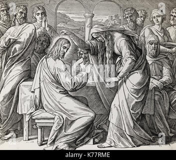 Frau in Bethanien salbt Jesus mit teuren wohlriechendem Öl, Grafik Collage von der Gravur des Nazareene Schule, in der heiligen Bibel veröffentlicht, St. Vojtech Publishing, Trnava, Slowakei, 1937. Stockfoto