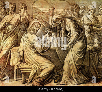 Frau in Bethanien salbt Jesus mit teuren wohlriechendem Öl, Grafik Collage von der Gravur des Nazareene Schule, in der heiligen Bibel veröffentlicht, St. Vojtech Publishing, Trnava, Slowakei, 1937. Stockfoto