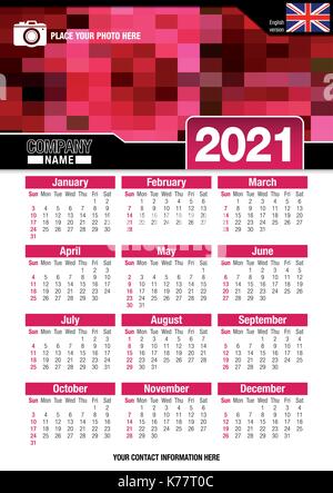 Nützliche Wandkalender 2021 mit Design von Rot Mosaik. Format A4 vertikal. Größe: 210 mm x 297 mm. Englische Version - Vektorbild Stock Vektor