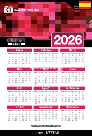 Nützliche Wandkalender 2026 mit Design von Rot Mosaik. Format A4 vertikal. Größe: 210 mm x 297 mm. Spanische Version - Vektorbild Stock Vektor