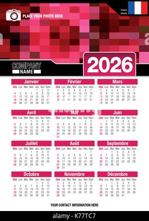 Nützliche Wandkalender 2026 mit Design von Rot Mosaik. Format A4 vertikal. Größe: 210 mm x 297 mm. Französische Version - Vektorbild Stock Vektor