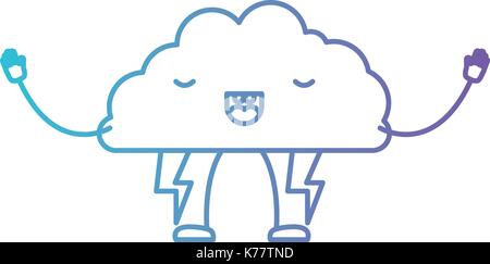 Cloud mit Blitze kawaii Karikatur in Farbverlauf Silhouette von Violett bis Blau Stock Vektor