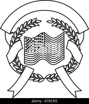 United States flag innerhalb des Kreises der Olivenzweige und Farbband Interlace in Schwarzweiß Silhouette Stock Vektor