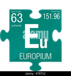 Europium Symbol. Element Nummer 63 des Periodensystems der Elemente - Chemie - Puzzleteil mit grünem Hintergrund Stock Vektor