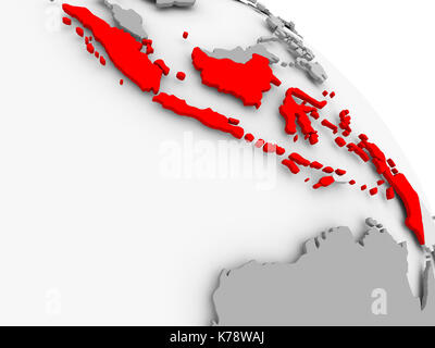3D-Render von Indonesien in Rot auf Grau politische Welt. 3D-Darstellung. Stockfoto