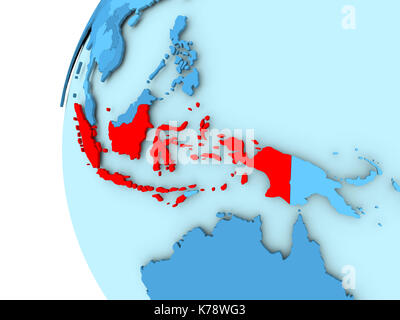 3D-Render von Indonesien in Rot auf Blau politische Welt. 3D-Darstellung. Stockfoto