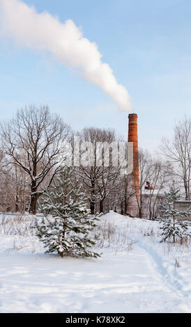 Winterlandschaft. Ein dicker Rauch schleudern aus Fabrikschloten. Rauch aus einem thermischen Kraftwerk an einem kalten Wintertag. Heizung. Stockfoto