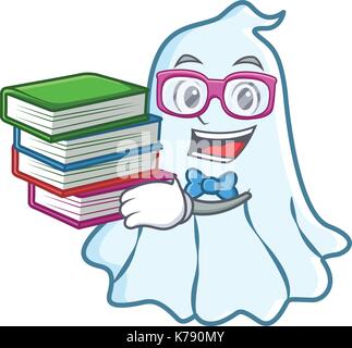 Schüler mit Buch cute ghost Charakter Cartoon Stock Vektor