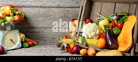 Banner Zusammensetzung der organischen frisches Gemüse, Balance auf Holz braun Tabelle. Herbst Ernte und ökologische Lebensmittel Stockfoto