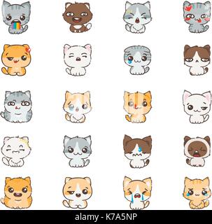 Cute Cartoon, Katzen und Hunde mit unterschiedlichen Emotionen. Aufkleber Sammlung. Vektor einrichten von Doodle Emoji und Emoticons. Stock Vektor