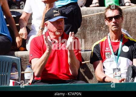 Oeiras, Portugal. 15 Sep, 2017. Der Leiter des Herrentennis, Boris Becker, während der Davis Cup Play-off Match zwischen Portugal und Deutschland im Centro Desportivo Nacional Jamor in Oeiras/Lissabon. Credit: Frank Molter/Alamy leben Nachrichten Stockfoto