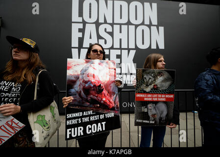 Die Demonstranten versammelten sich vor dem Store Studios während der London Fashion Week ihre Gefühle auf die Verwendung von Pelzen zu demonstrieren. Tierrechte protestieren Stockfoto