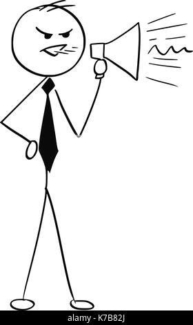 Cartoon stick Mann Abbildung: grumpy Business mann Geschäftsmann durch Megafon brüllt. Stock Vektor