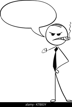 Cartoon stick Mann Abbildung: wütend mürrisch Business mann Geschäftsmann Chef mit leeren Sprechblase rauchen Zigarre und Hand zeigen. Stock Vektor