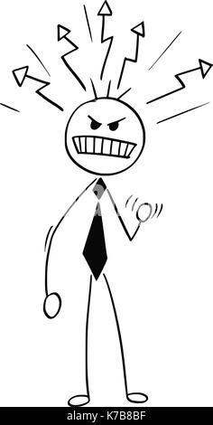 Cartoon stick Mann Abbildung: wütend mürrisch Business mann Geschäftsmann Chef mit Blitze aus seinen Kopf. Stock Vektor