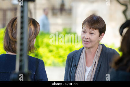 Caroline Lucas MP (Grün: Brighton Pavillon und Co-Leader) auf College Green, Westminster von Jane Hill (BBC) als Parlament Debatten interviewt...... Stockfoto