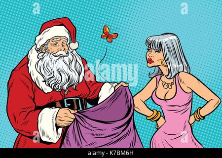 Santa Claus ohne Geschenke und wütende Frau. Neues Jahr und Weihnachten. Pop Art retro Vektor illustration Stock Vektor