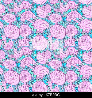 Florale dekorative helle rosa Hintergrund mit niedlichen Rosen, nahtlose Muster. Stockfoto