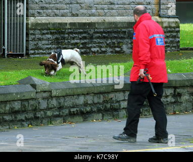 Im Bild: Eine Suche Polizisten mit einem Sniffer Hund außerhalb der Kirche St. Mary in der Princess Street, Swansea. Freitag, 15 September 2017 Re: Soldaten aus Stockfoto