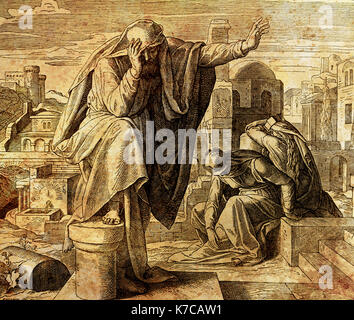 Der Schrei des Propheten Jeremia, Grafik Collage von der Gravur des Nazareene Schule, in der heiligen Bibel veröffentlicht, St. Vojtech Publishing, Trnava, Slowakei Stockfoto