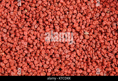 Organische chemische Annatto (bixa Orellana) Samen. Makro Nahaufnahme Hintergrund Textur. Ansicht von oben. Geschlossen. Stockfoto