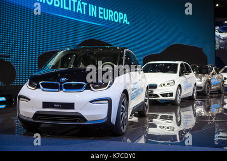 Frankfurt, Deutschland. September 2017. Internationale Automobil-Ausstellung 2017: BMW i3, Elektroauto. Quelle: Christian Lademann Stockfoto
