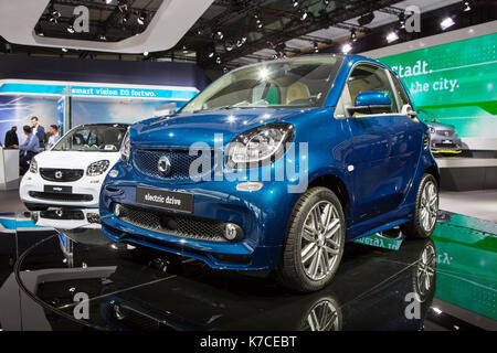 Frankfurt, Deutschland. September 2017. Internationale Automobil-Ausstellung 2017: Smart Electric Drive. Quelle: Christian Lademann Stockfoto