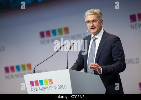 Frankfurt am Main, Deutschland. 14. September 2017. International Motor Show 2017 (IAA, Internationale Automobil-Ausstellung): Rupert Stadler, Vorstandsvorsitzender der Audi AG, spricht im B2B-Event neue Mobilität weltweit. Credit: Christian Lademann Stockfoto