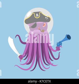 Fremde Eindringlinge Weltraumpirat Octopus. kosmischen Monsters Eindringling. poulpe im Astronaut Helm. devilfish in Piraten Hut. Säbel und Gewehr. Vektor illustratio Stock Vektor