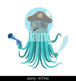 Fremde Eindringlinge Weltraumpirat Octopus. kosmischen Monsters Eindringling. poulpe im Astronaut Helm. devilfish in Piraten Hut. Säbel und Gewehr. Vektor illustratio Stock Vektor