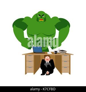 Unternehmer Angst unter Tabelle der grüne Monster. Vector Illustration Stock Vektor