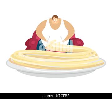 Fette Kerl sitzt auf einem Stuhl und Pasta. Schlemmer Dicken Mann und Essen. fatso Vector Illustration Stock Vektor