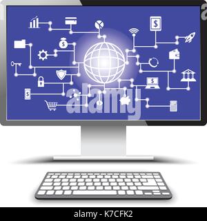 Vektor fintech weißen Icons um eine Kugel, die in der Technologie mit blauem Hintergrund auf eine realistische pc-Bildschirm mit Tastatur. Stock Vektor