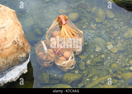 Natürliche Kochen Eier für mineralische Essen, Kochen in der Natur heißes Wasser mit Korb. In Hot Springs gekocht. Stockfoto