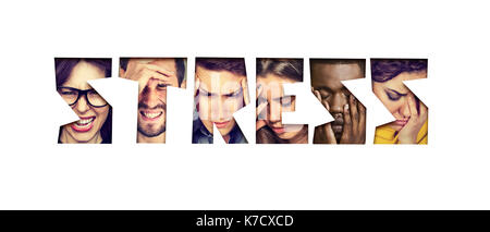 Wort Stress aus verzweifelten unglücklich Gruppe junger Menschen Stockfoto