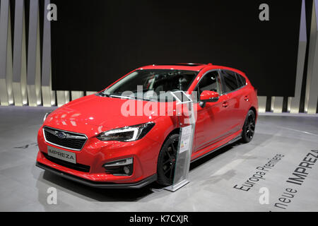 Frankfurt am Main, Deutschland. 14 Sep, 2017. Der japanische Autohersteller Subaru präsentiert die Subaru Impreza am 67. IAA. Die 67. Internationale Automobil-Ausstellung (IAA) in Frankfurt für Fachbesucher geöffnet. Es ist mit über 1000 Ausstellern eine der größten Motor der Welt zeigt. Die Ausstellung wird für die Öffentlichkeit am 16. September geöffnet. Quelle: Michael Debets/Pacific Press/Alamy leben Nachrichten Stockfoto